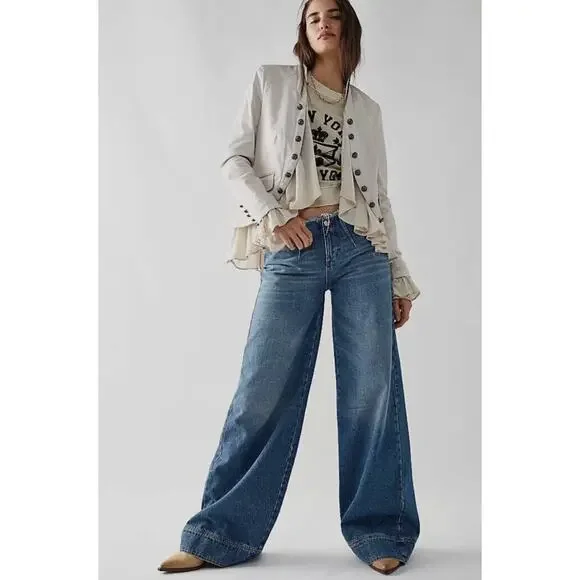 Free People Ruffles Romance Jacket Natural Blazer Womens Sz Medium Cool Buttons - Picture 9 of 16